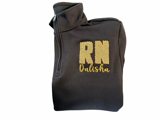 Embroidered Glitter Quarter Zip Pullover – Nurse, CNA, NP, MD